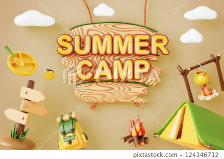 3d summer camp poster with tent, backpack, wooden signboard. Concept of travel, hiking and activity vacation. Cartoon render banner with cooking food on campfire, plate, spoon and mug. 3D illustration 124146712