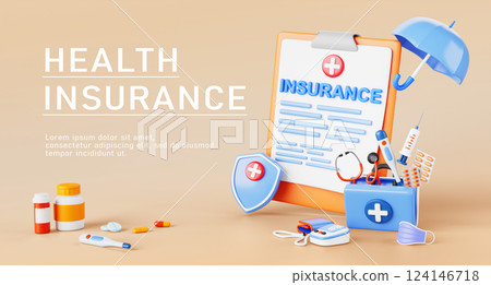 Health insurance 3d banner. Render cartoon poster of clipboard with policy document, shield with cross, umbrella, first aid kit with medicines. Medical protection for life guarantee. 3D illustration Health insurance 3d banner. Render cartoon poster of clipboard with policy document, shield with cross, umbrella, first aid kit with medicines. Medical protection for life guarantee. 3D illustration 124146718