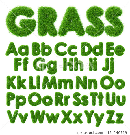 3d grass text with green fluffy font of English ABC alphabet. Fresh plant type effect. Render capital and small letters with soft furry herb texture. Nature, ecology, organic elements. 3D illustration 124146719