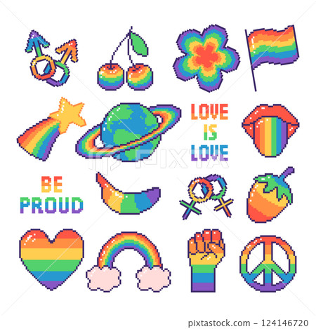 Set of LGBTQ stickers with pride symbols and positive messages in pixel style. Hand drawn vector illustration. 124146720