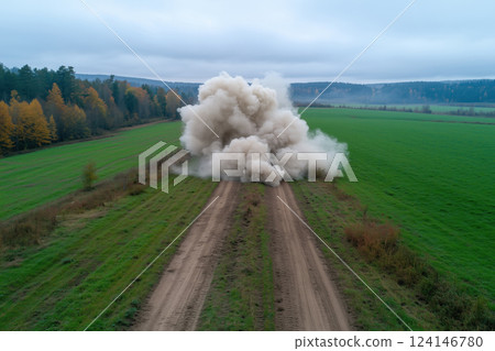 Aerial view of a big explosion with smoke on the field road 124146780