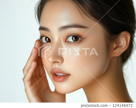 女人在臉頰上塗抹粉底，美容化妝品圖像 124146872