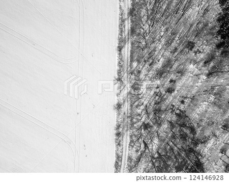 A serene winter landscape shows a blanket of snow covering fields and trees. The contrast between white fields and dark tree lines creates a striking visual. 124146928