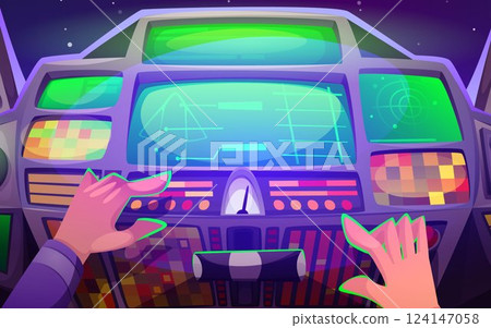 Hands on futuristic spaceship cockpit controls Hands on futuristic spaceship cockpit controls 124147058
