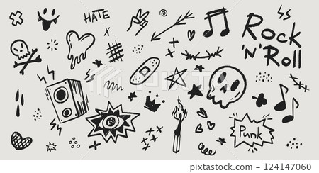 Punk rock music doodle set in black Punk rock music doodle set in black 124147060