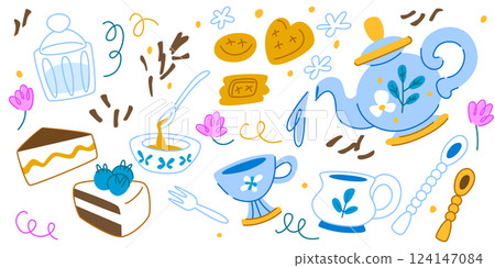 Tea time pattern with cups and cakes on white Tea time pattern with cups and cakes on white 124147084