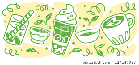 Matcha tea pattern with cups and leaves on yellow 124147088