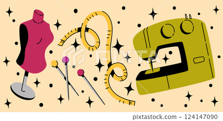 Vintage tailor equipment on yellow background Vintage tailor equipment on yellow background 124147090