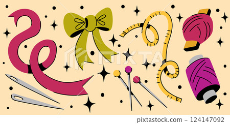Vintage tailor equipment on yellow background 124147092