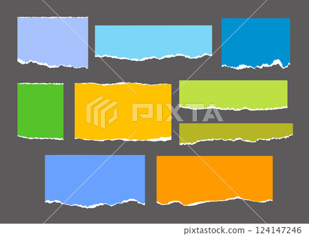 Set of paper note ripped strips on dark background. Paper page scraps with torn edges. Set of paper note ripped strips on dark background. Paper page scraps with torn edges. 124147246