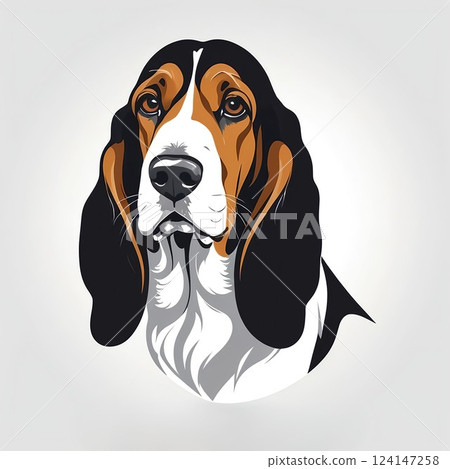 一隻耳朵垂著的可愛巴吉度獵犬的插圖 124147258