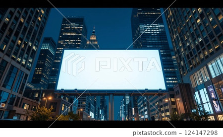Blank Illuminated Billboard in Modern City at Night with Skyscrapers | Urban Advertising Mockup. 124147298