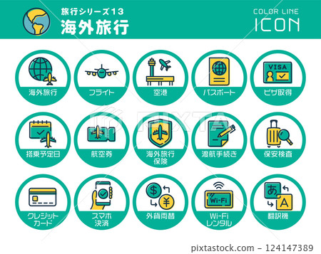 Travel Series 13: Overseas travel: Set of color line icons 124147389
