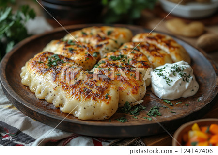 a traditional Eastern European table setting with freshly baked pierogi served on a rustic wooden plate, garnished with sour cream and herbs, surrounded by traditional textiles, soft natural light 124147406