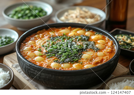 a traditional Korean meal with a central pot of bubbling kimchi jjigae, surrounded by small plates of banchan, rice, and a bottle of soju, with a clean and modern table setting 124147407