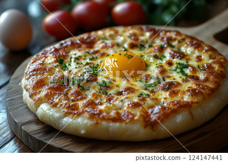 a serving of Georgian khachapuri, oozing with melted cheese and a perfectly cooked egg yolk in the center, presented on a wooden board with soft daylight highlighting the texture 124147441