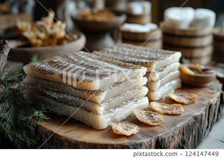 Greenlandic mattak, whale skin with blubber, arranged on a wooden plate, accompanied by small slices of dried fish, served with traditional Arctic decorations in the background, bright natural 124147449
