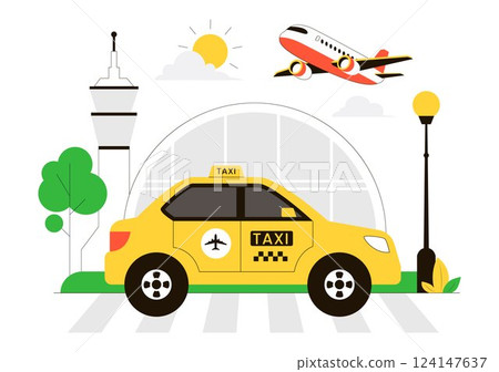 Airport Taxi Service Vector Illustration Showing Passenger Transfer with Luggage from the Airport to Destination in a Flat Style Cartoon Background Airport Taxi Service Vector Illustration Showing Passenger Transfer with Luggage from the Airport to Destination in a Flat Style Cartoon Background 124147637