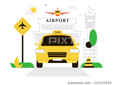 Airport Taxi Service Vector Illustration Showing Passenger Transfer with Luggage from the Airport to Destination in a Flat Style Cartoon Background 124147638