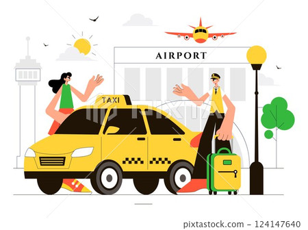 Airport Taxi Service Vector Illustration Showing Passenger Transfer with Luggage from the Airport to Destination in a Flat Style Cartoon Background 124147640
