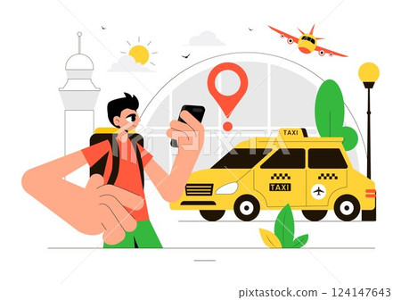 Airport Taxi Service Vector Illustration Showing Passenger Transfer with Luggage from the Airport to Destination in a Flat Style Cartoon Background Airport Taxi Service Vector Illustration Showing Passenger Transfer with Luggage from the Airport to Destination in a Flat Style Cartoon Background 124147643