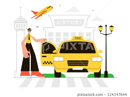 Airport Taxi Service Vector Illustration Showing Passenger Transfer with Luggage from the Airport to Destination in a Flat Style Cartoon Background 124147644