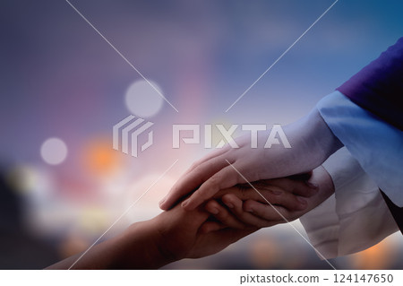 Jesus Christ giving a helping hand to people. People asking forgiveness. Concept of Christianity, faith, and spirituality 124147650