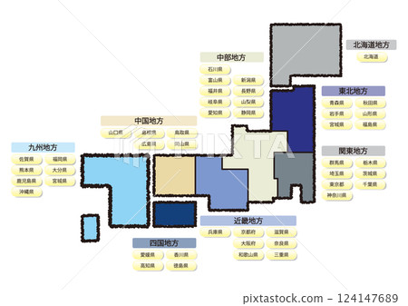 Japan map illustration_simple map_with prefecture names_01 Japan map illustration_simple map_with prefecture names_01 124147689