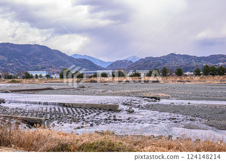 View of the Sakagawa River from Kaisei Town's pine tree-lined street 124148214