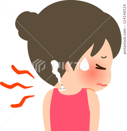 一名婦女錶情痛苦,正在對肩膀進行艾灸 一名婦女錶情痛苦,正在對肩膀進行艾灸 124148524