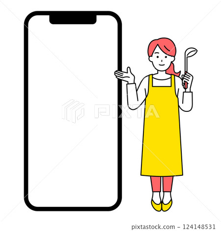 一名身穿圍裙的女子手持空白螢幕智慧型手機和勺子 一名身穿圍裙的女子手持空白螢幕智慧型手機和勺子 124148531