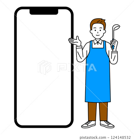 A man in an apron holding a blank screen smartphone and a ladle 124148532