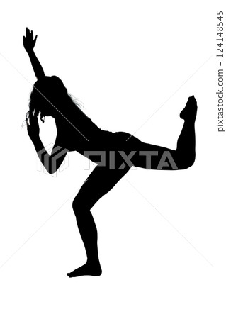A woman handstanding gracefully against a plain white background A woman handstanding gracefully against a plain white background 124148545