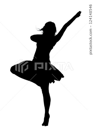 A graceful silhouette of a ballerina elegantly dancing on a white background 124148546