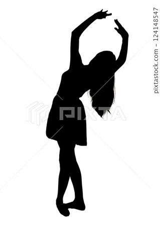 A beautiful silhouette of a woman gracefully dancing on a white background 124148547