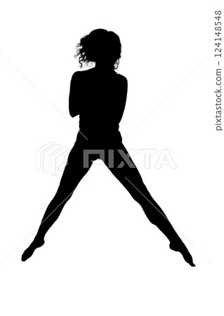 A silhouette of a woman standing crosslegged on a white background A silhouette of a woman standing crosslegged on a white background 124148548