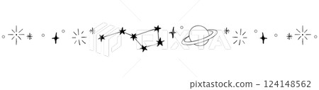Celestial doodle border, falling star blink divider. Hand drawn ornament with stars, planets, meteorite and moon. Space magic simple decor. 124148562