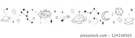 Celestial doodle border, falling star blink divider. Hand drawn ornament with stars, planets, meteorite and moon. Space magic simple decor. Celestial doodle border, falling star blink divider. Hand drawn ornament with stars, planets, meteorite and moon. Space magic simple decor. 124148565