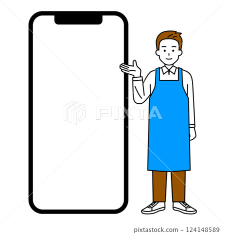 穿著圍裙、手拿空白螢幕智慧型手機的男子 穿著圍裙、手拿空白螢幕智慧型手機的男子 124148589
