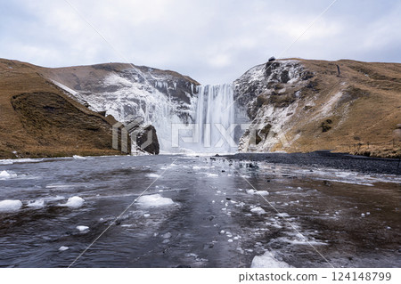 Panoramic view of Skogafoss waterfall in winter in South Iceland Panoramic view of Skogafoss waterfall in winter in South Iceland 124148799