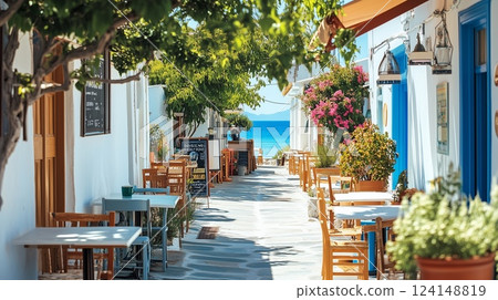 Beautiful sea seen from the terrace of a European cafe 124148819