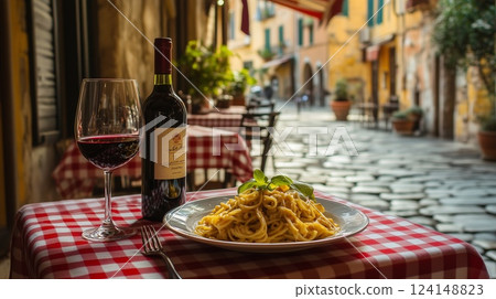 在後街咖啡館的露臺上享用義大利麵和葡萄酒 124148823