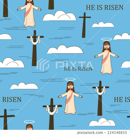He is risen Easter seamless pattern, cross sky, cloud 124148833