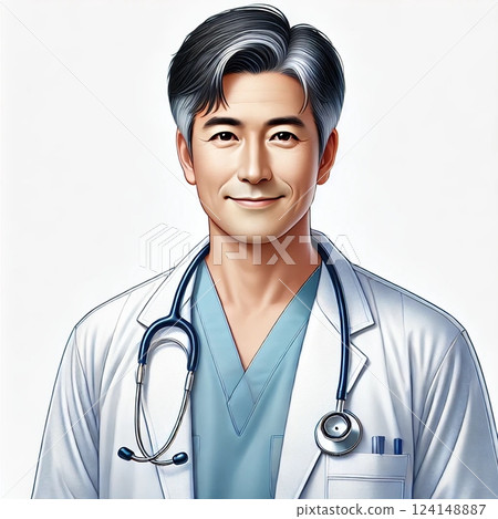 Doctor, male, white coat, stethoscope, Japanese, smile, kind, 40s, 50s 124148887