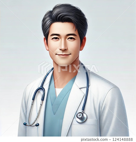醫生, 男性, 白大褂, 聽診器, 日語, 微笑, 善良, 40 多歲, 50 多歲 124148888