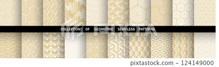 Geometric set of seamless golden and white patterns. Simple vector graphics 124149000