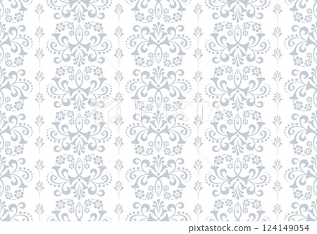 Wallpaper in the style of Baroque. White and gray floral ornament. Seamless vector background. Graphic pattern for fabric, wallpaper, packaging. Ornate Damask flower illustration Wallpaper in the style of Baroque. White and gray floral ornament. Seamless vector background. Graphic pattern for fabric, wallpaper, packaging. Ornate Damask flower illustration 124149054