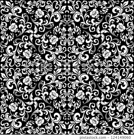 Flower pattern. Seamless white and black ornament. Graphic vector background. 124149060