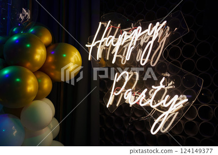 Happy Birthday Lettering LED Strip Light on Black Background 124149377