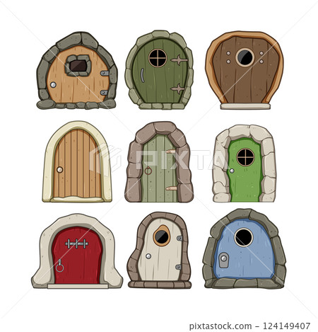 wooden door fairy tale house set cartoon vector illustration wooden door fairy tale house set cartoon vector illustration 124149407